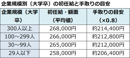 企業規模別（大学卒）の初任給と手取りの目安